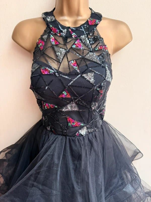 6ixty8ight Luxury black tulle sequin couture evening prom mini dress