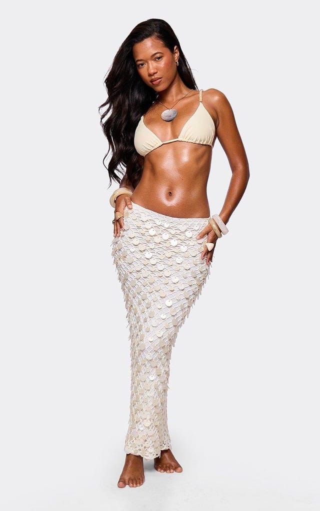 EGO Shell Detail Maxi Skirt In Cream Knit, Women's Size UK L - 2