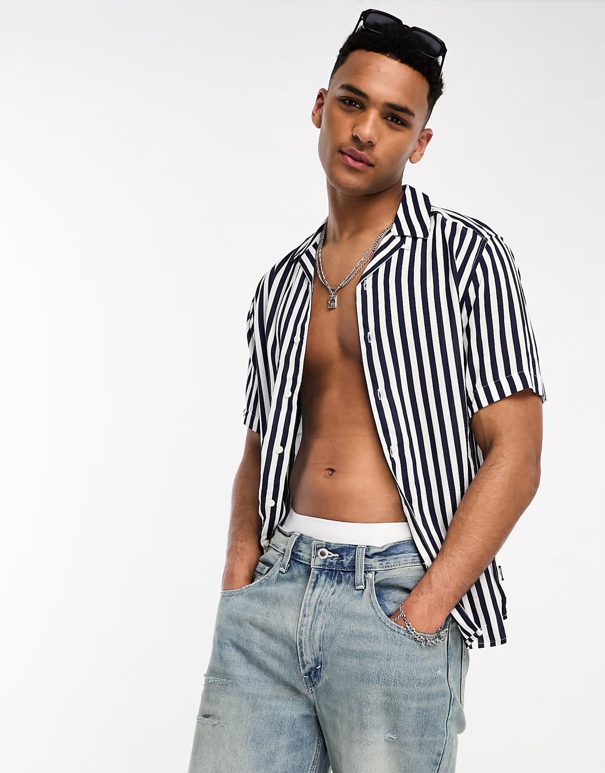 ASOS ONLY & SONS revere collar stripe shirt in navy - 1