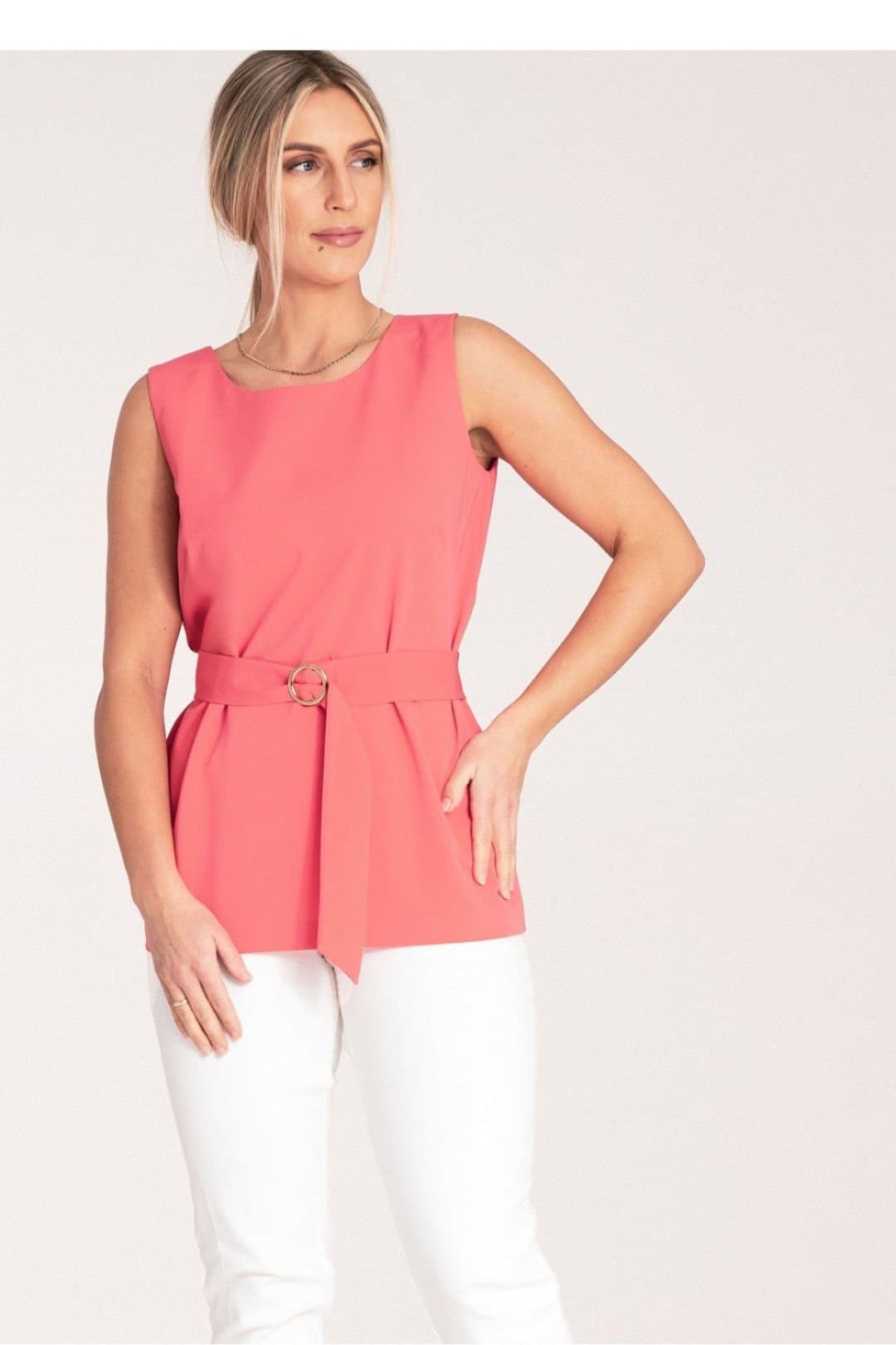 Love Lace Love Lace Pink Trapezoid Boat Neck Blouse with Gold Belt