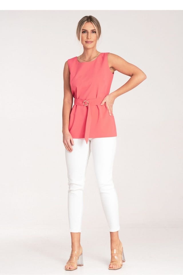 Love Lace Love Lace Women's Trapezoid Boat Neck Blouse with Gold Belt in Pink - 2