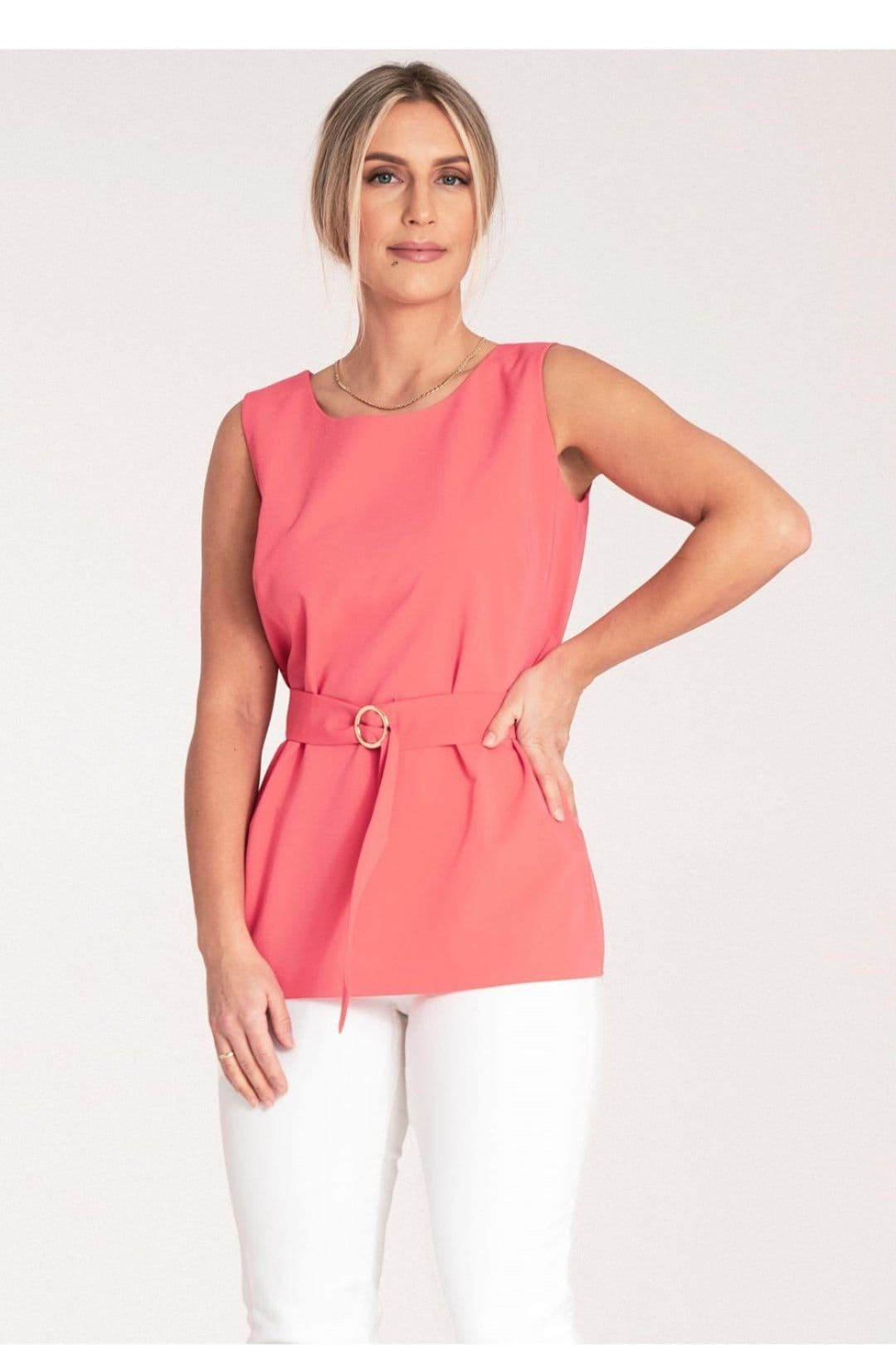 Love Lace Love Lace Women's Trapezoid Boat Neck Blouse with Gold Belt in Pink - 4