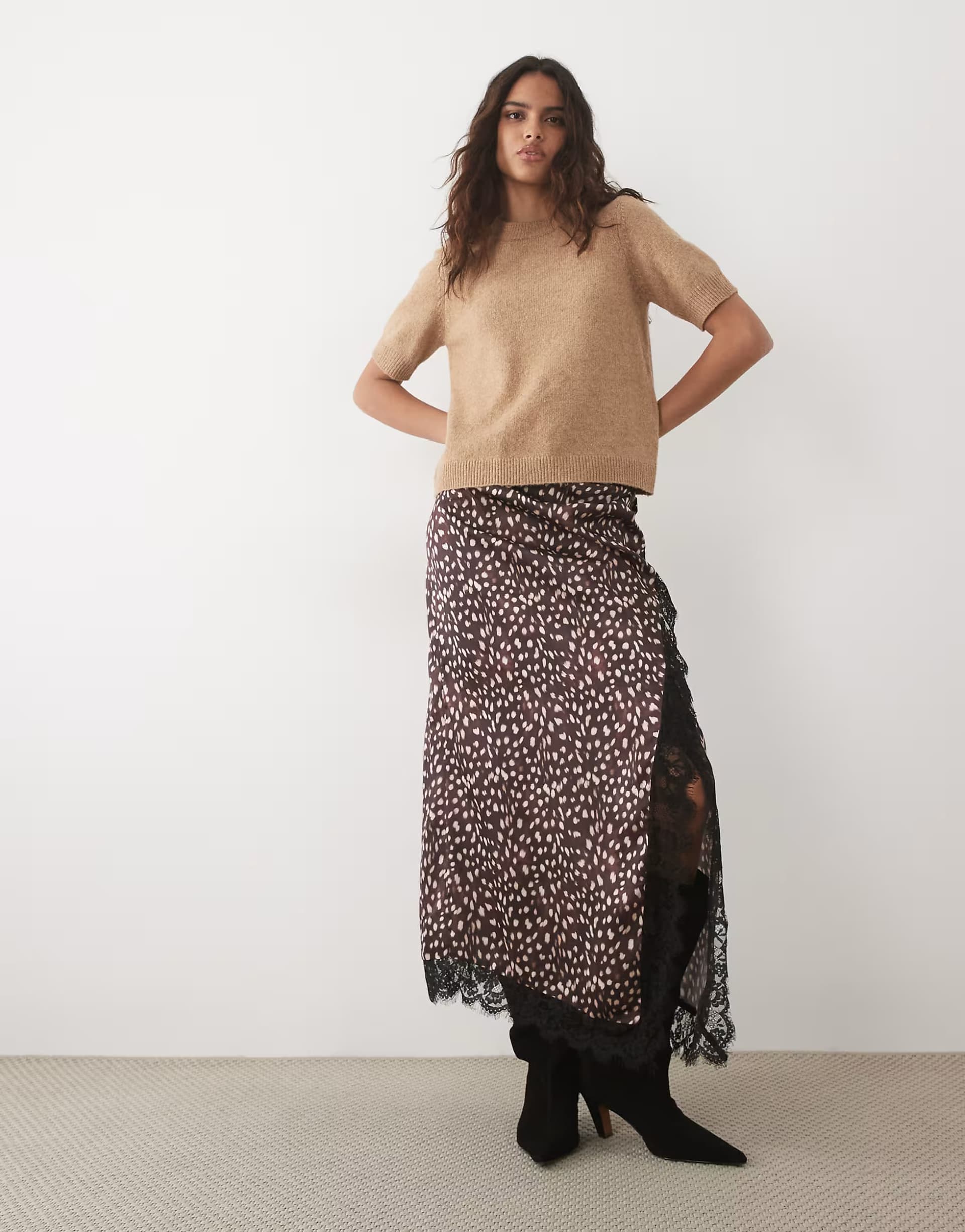 ASOS ASOS DESIGN lace insert high split satin midi skirt in fawn print