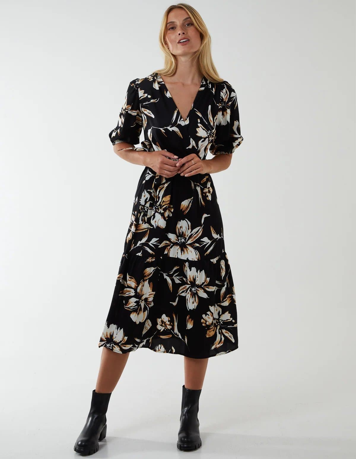 Blue Vanilla Wrap Front Tier Hem Midi Dress