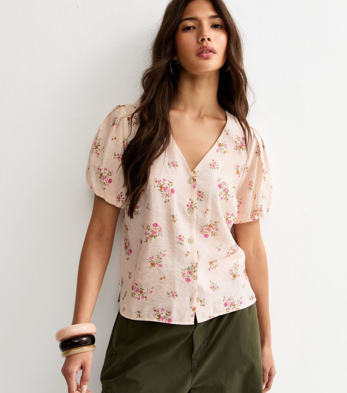 New Look Women's Pink Floral Print Button Front Short Sleeve Blouse New Look