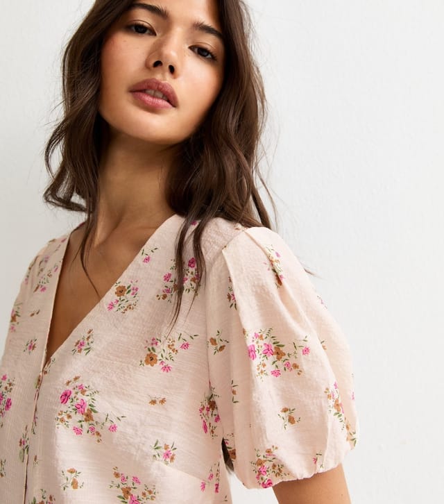 New Look Women's Pink Floral Print Button Front Short Sleeve Blouse New Look - 2