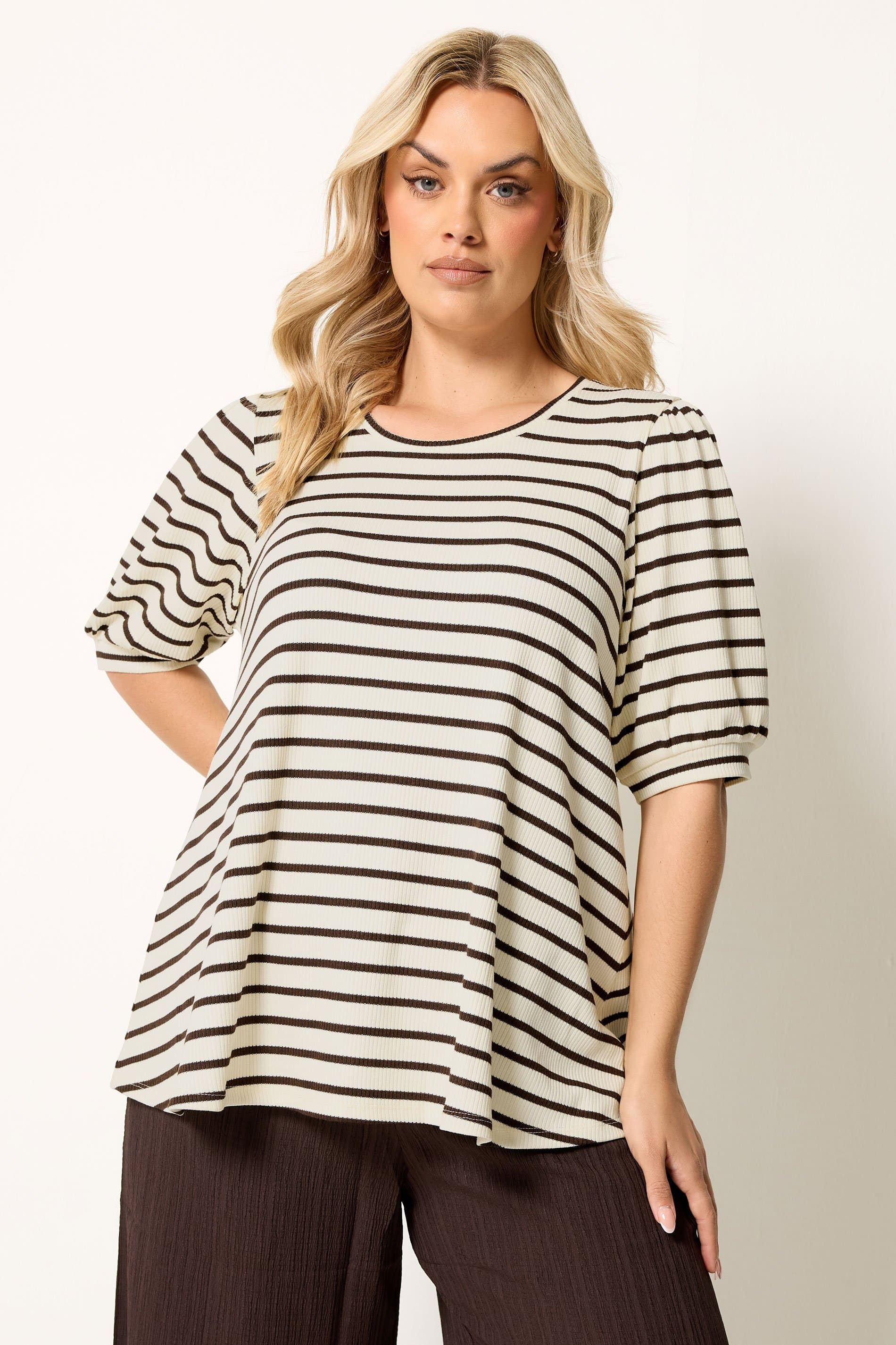 Yours Plus Size White & Brown Stripe Knitted Puff Sleeve Top