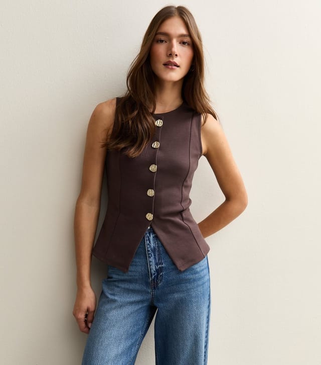 New Look Women's Dark Brown Jersey Round Neck Gold Button Waistcoat New Look - 2