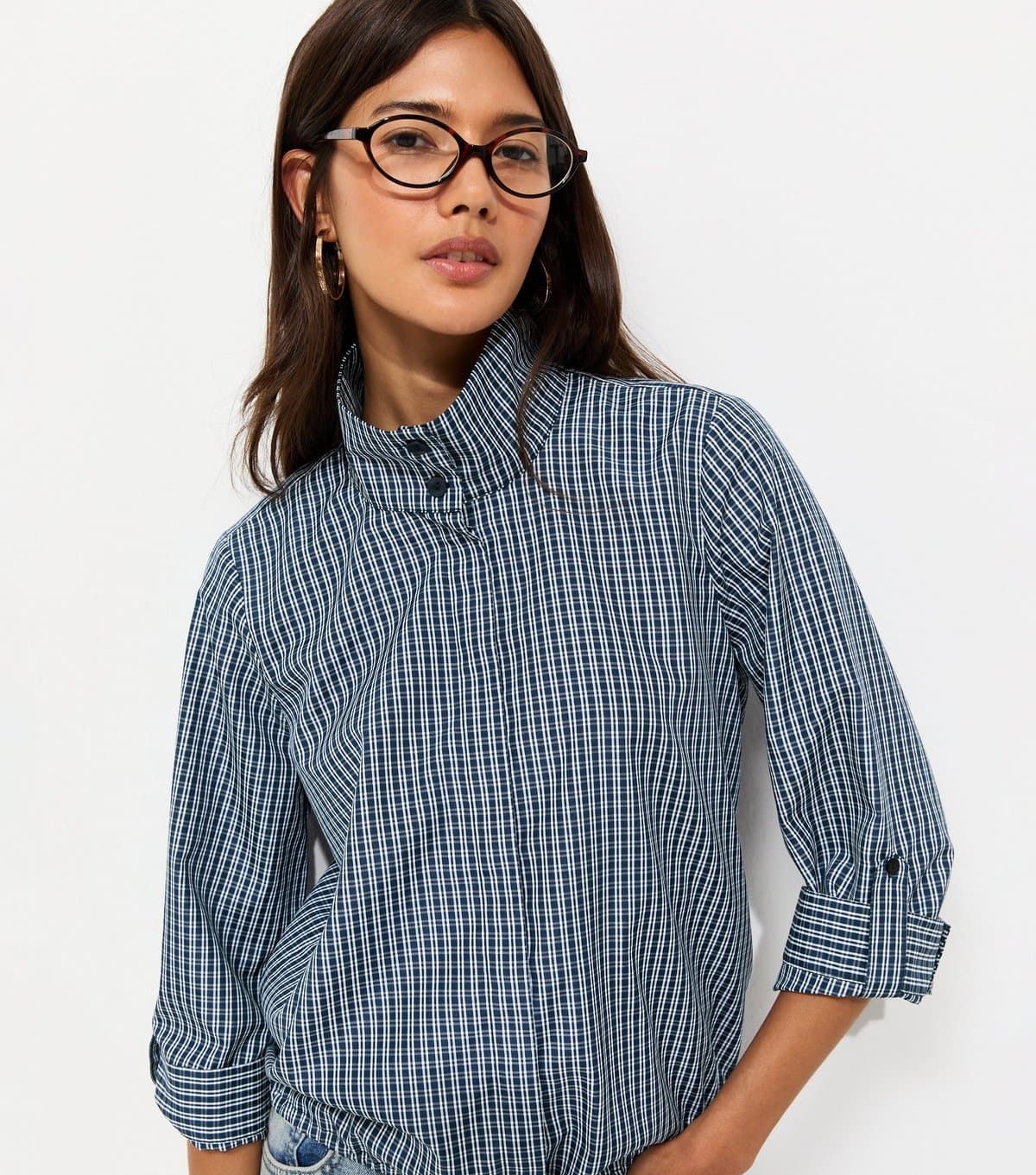 New Look Women's Navy Check Cropped Sleeve Funnel Neck Shirt New Look