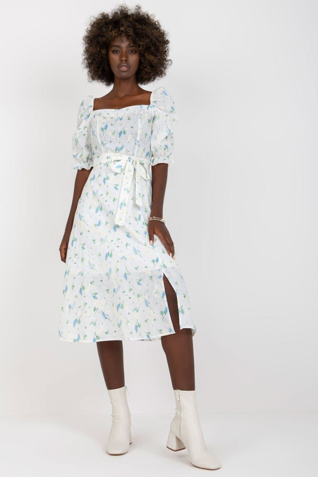 Love Lace Love Lace Women's Summer Floral Midi Flared Dress with Belt in White