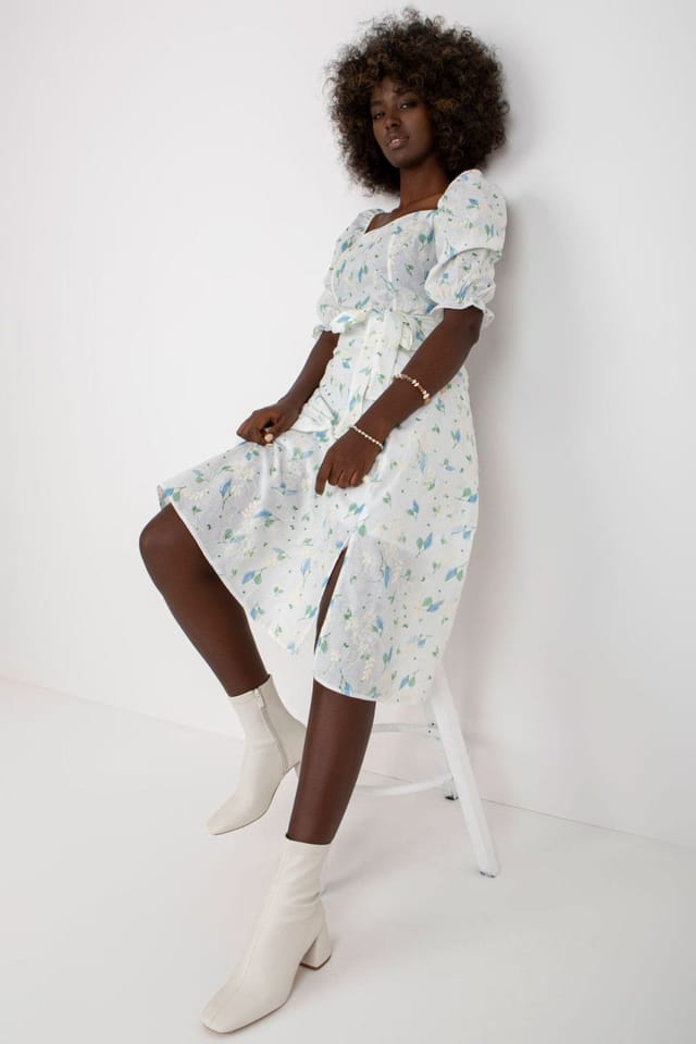 Love Lace Love Lace Women's Summer Floral Midi Flared Dress with Belt in White - 2