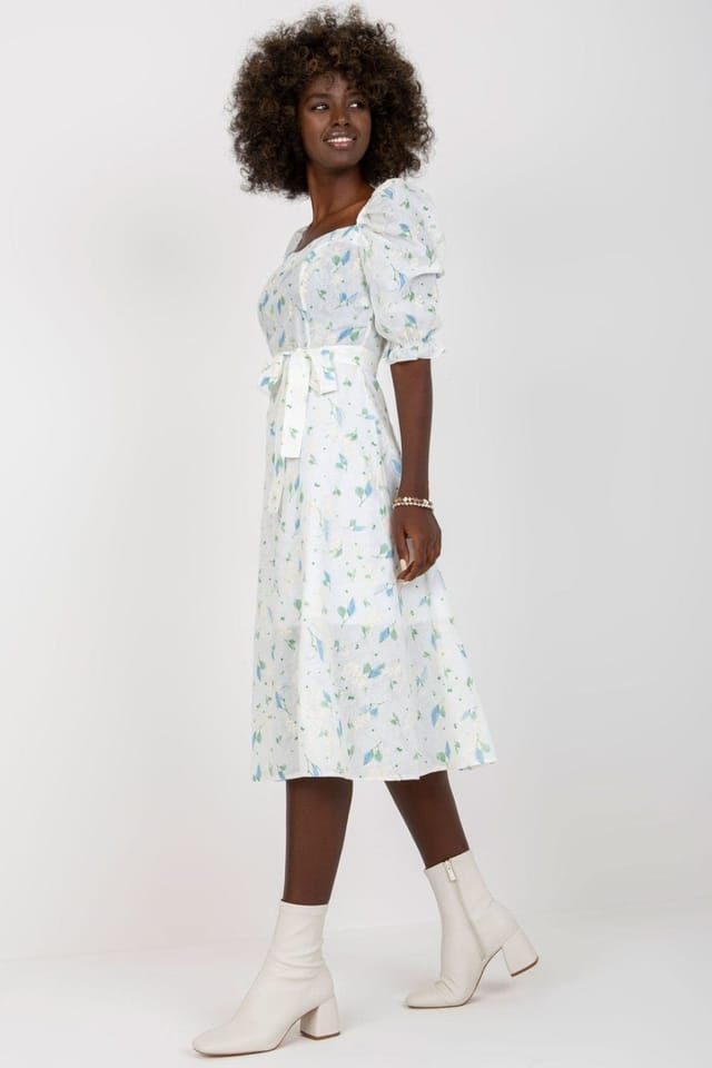Love Lace Love Lace Women's Summer Floral Midi Flared Dress with Belt in White - 3