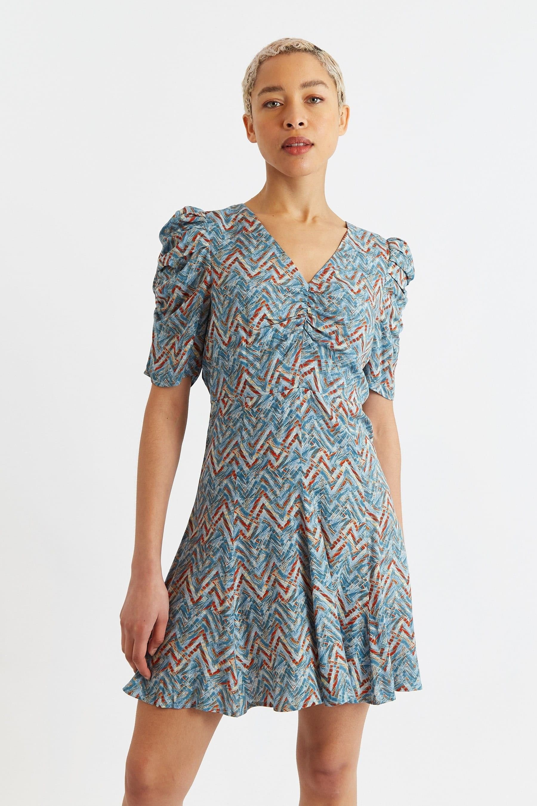 Louche Louche Women's Margot Art Attack Print Mini Tea Dress - Duck Egg in Blue