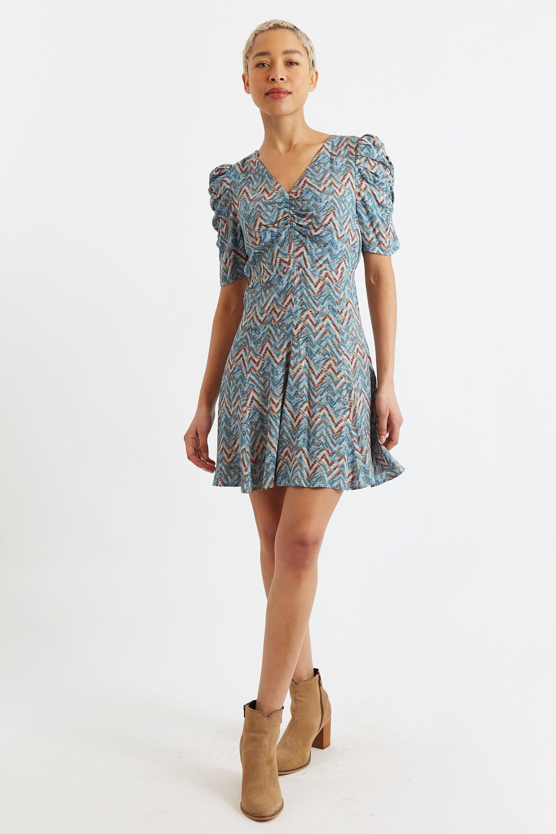 Louche Louche Women's Margot Art Attack Print Mini Tea Dress - Duck Egg in Blue - 4
