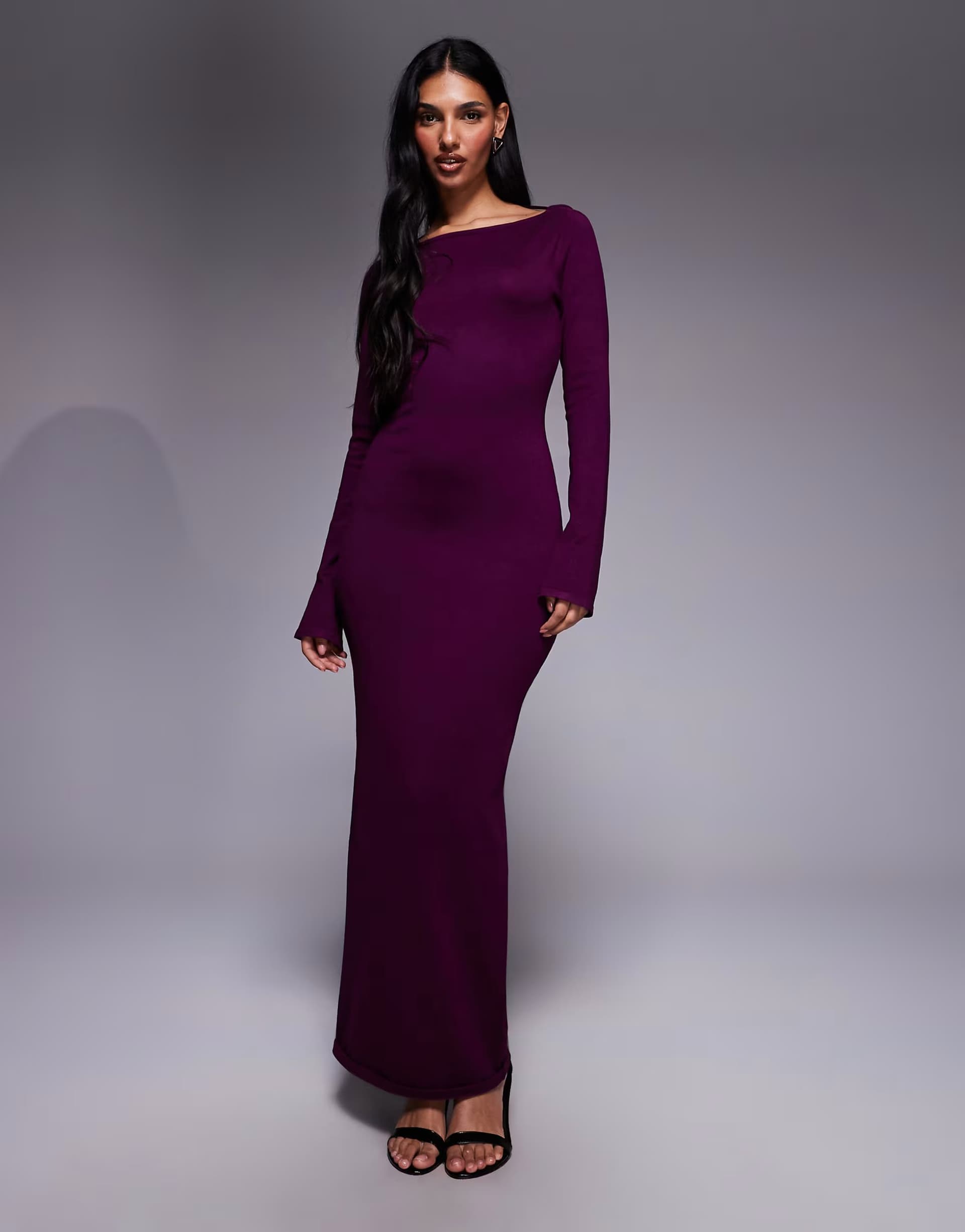 ASOS Kaiia exclusive cowl tie back long sleeve fine knit maxi dress in plum
