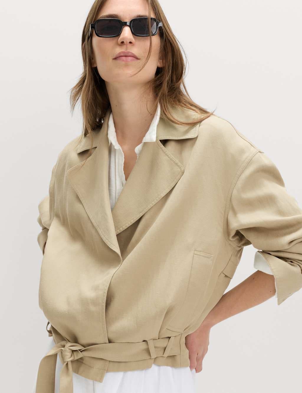 Marks & Spencer M&S Linen Blend Belted Cropped Jacket Green
