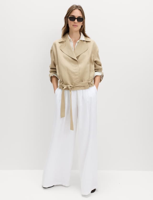 Marks & Spencer M&S Linen Blend Belted Cropped Jacket Green - 2