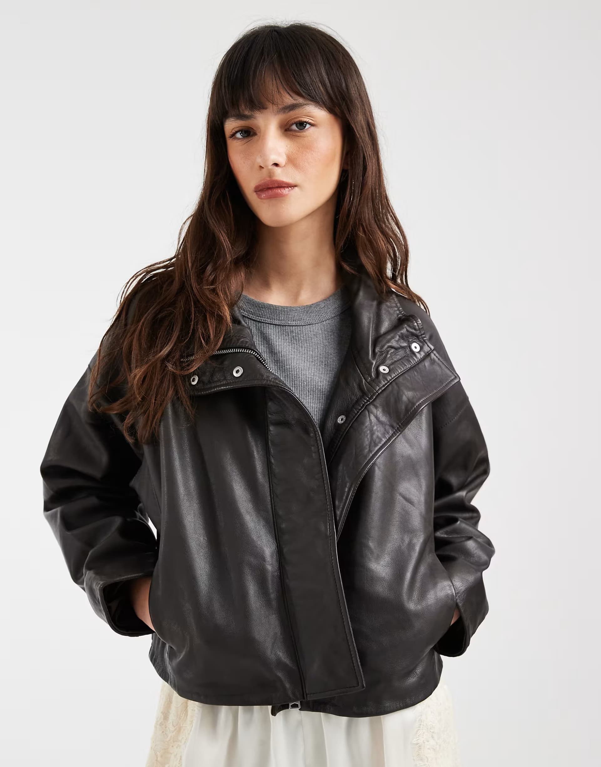 ASOS AllSaints Ryder funnel neck relaxed leather jacket in brown