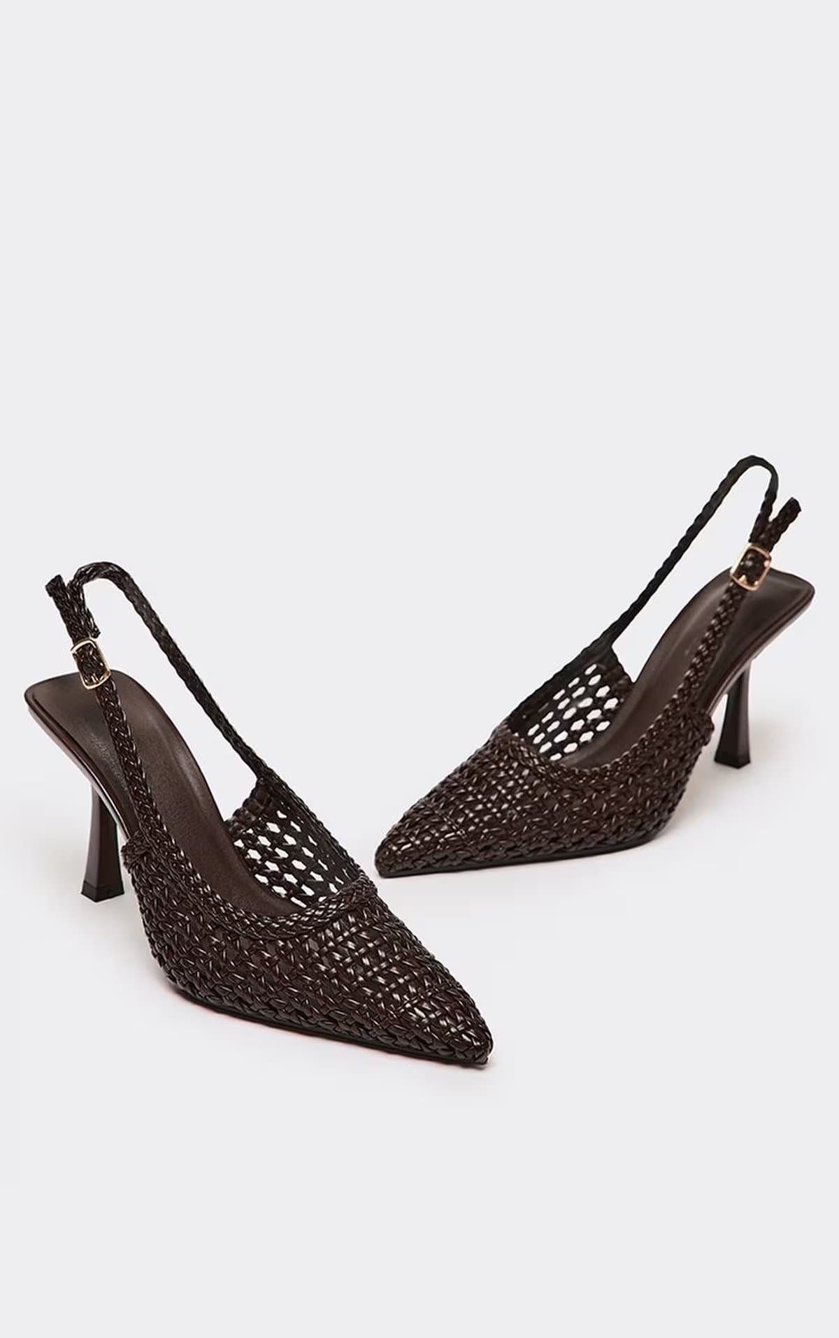 EGO Citric Woven Detail Pointed Toe Slingback Court Heel In Brown Faux Leather, Women's Size UK 3