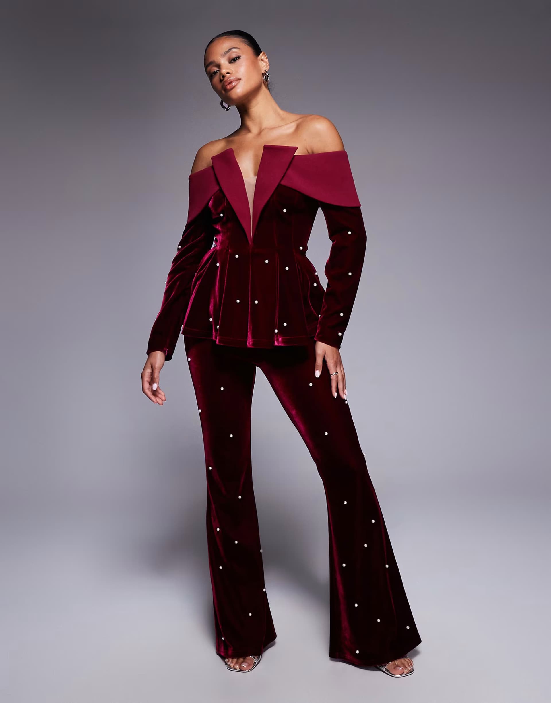 ASOS ASOS LUXE velvet co-ord trouser with pearl embellishment in berry
