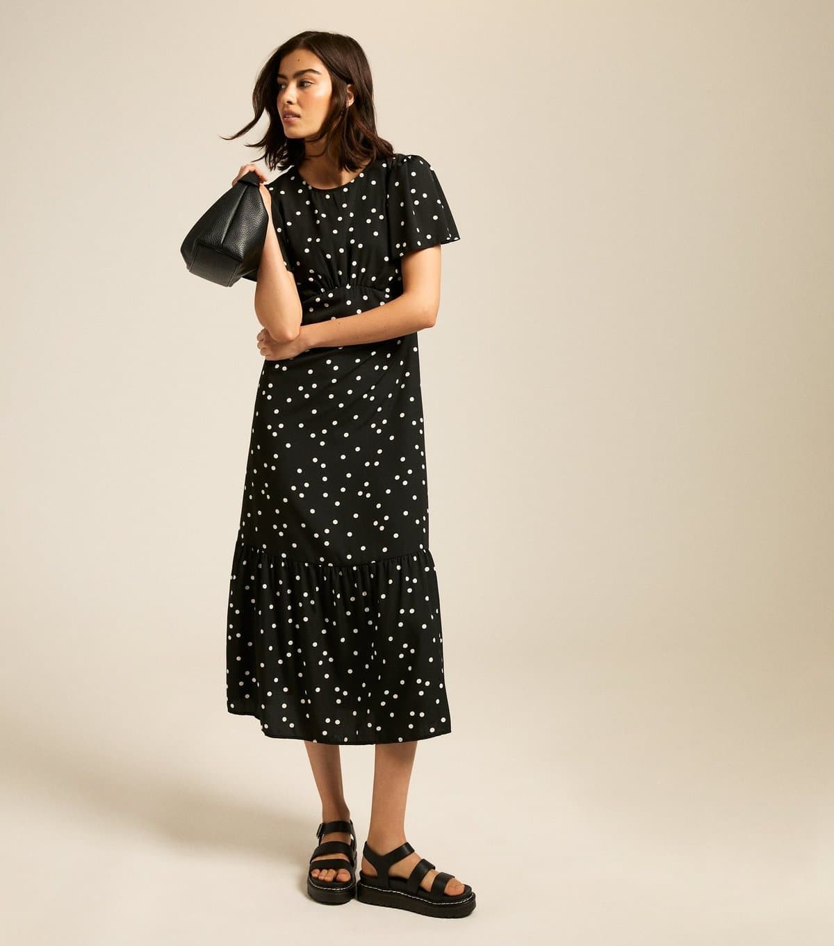 New Look Women's Black Spot Print Frill Sleeve Midi Dress New Look