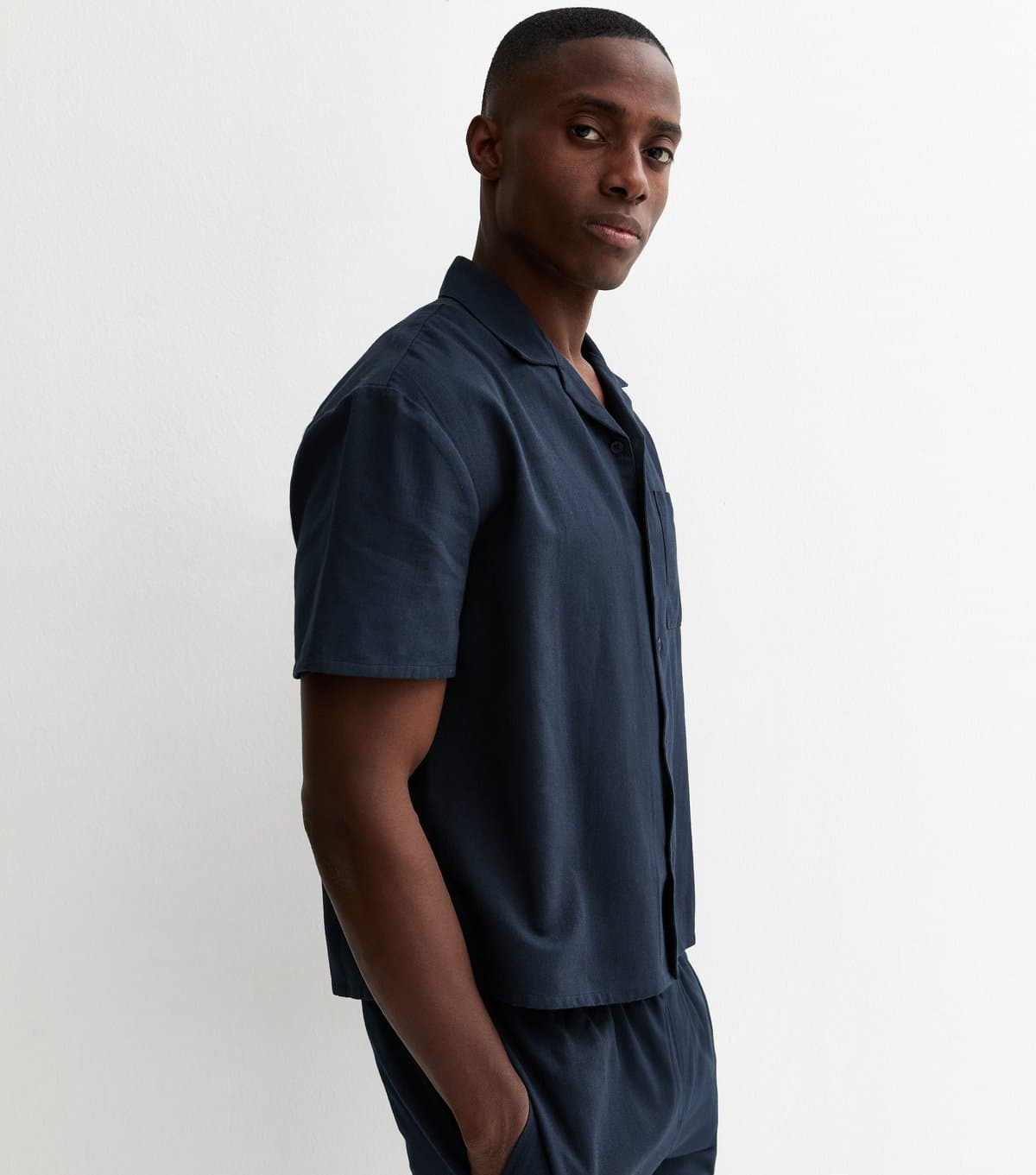 New Look Men's Navy Relaxed Fit Boxy Revere Collar Shirt New Look