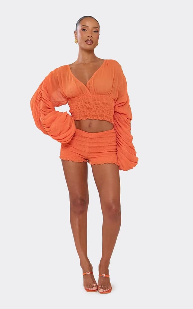 EGO Frilled Hem Hot Pant Shorts In Orange Shirred, Women's Size UK 6 - 2