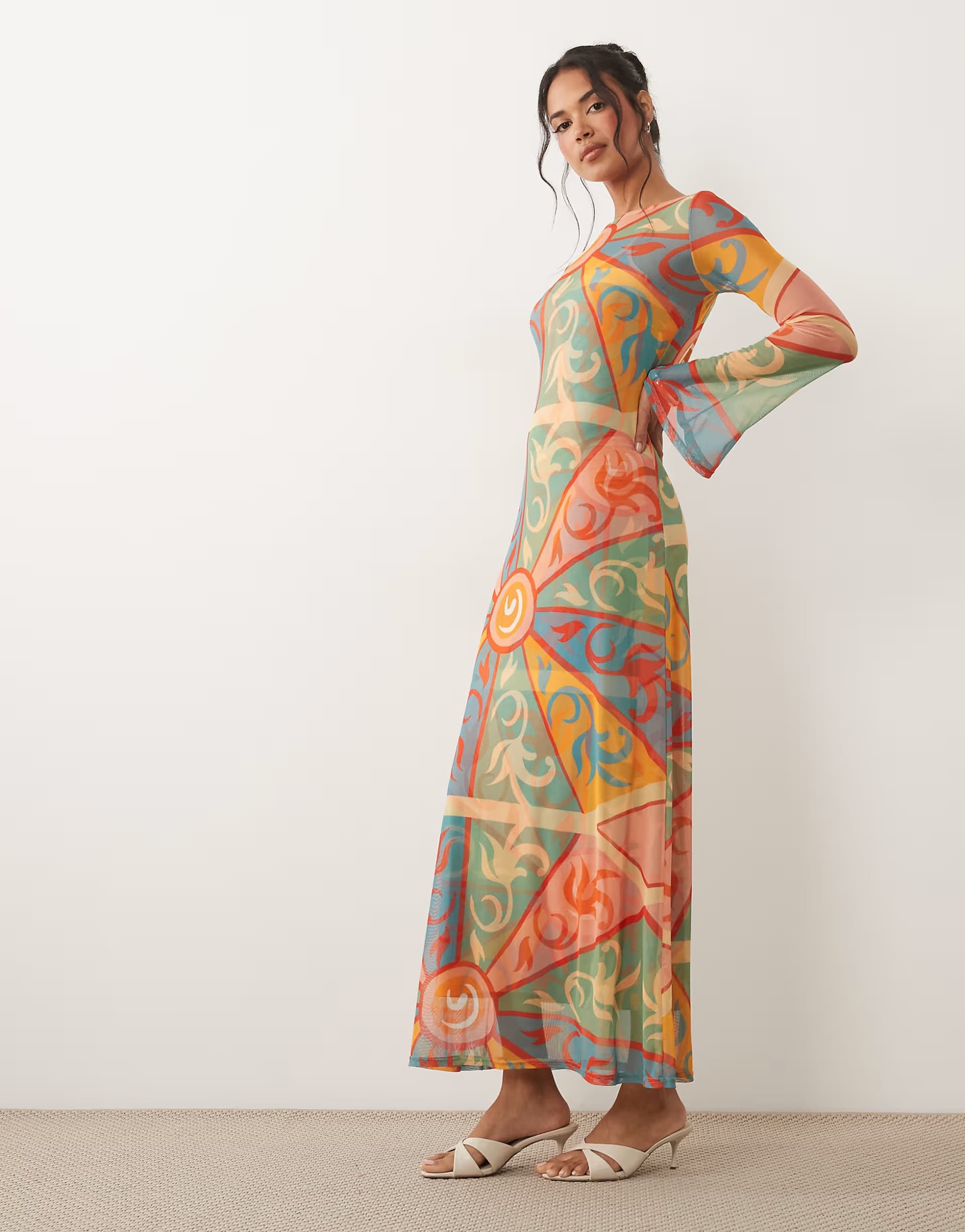 ASOS Never Fully Dressed Aria mesh long sleeve maxi dress in kaleidoscope print