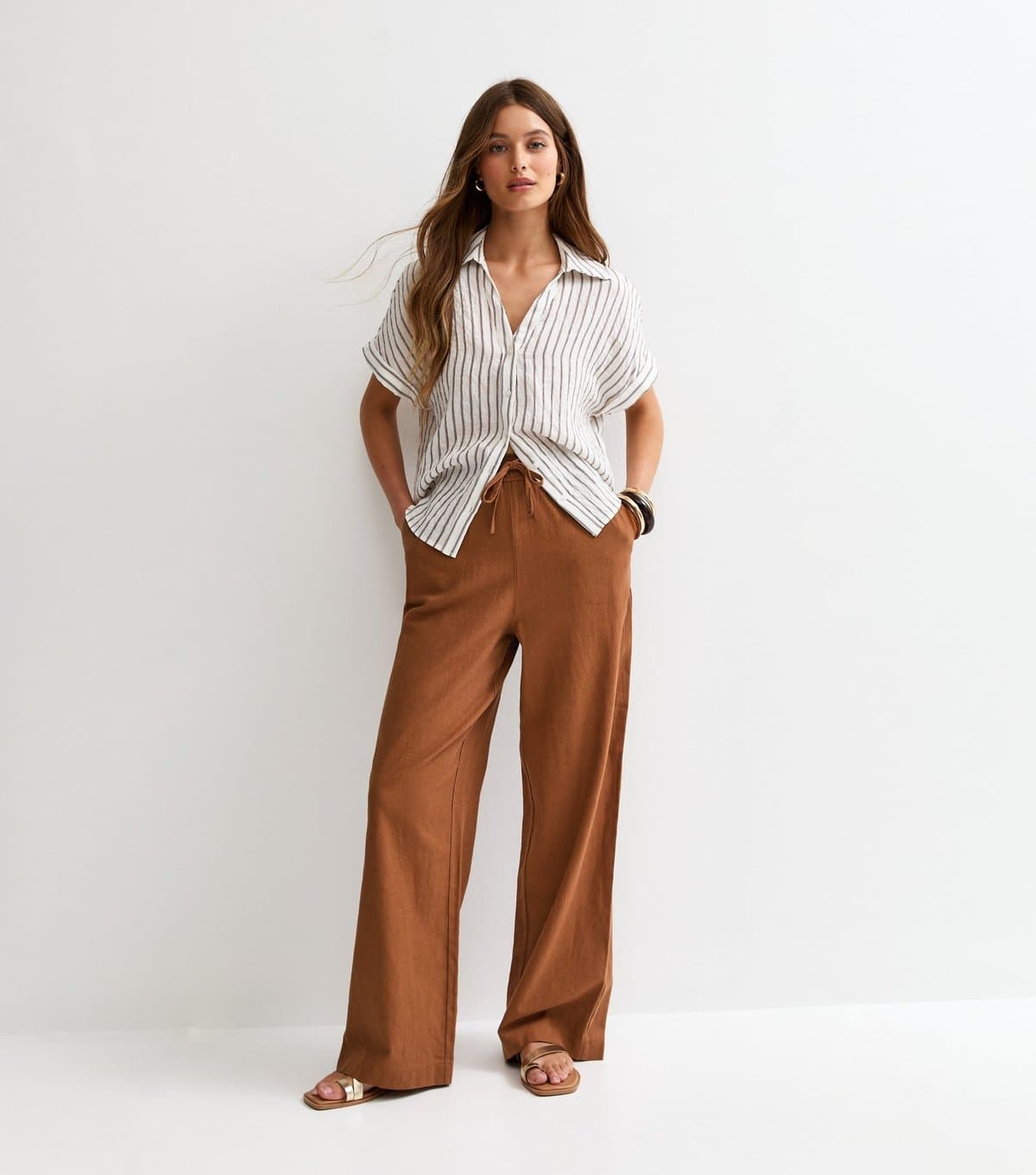 New Look Women's Rust Linen Blend Wide Leg Trousers New Look