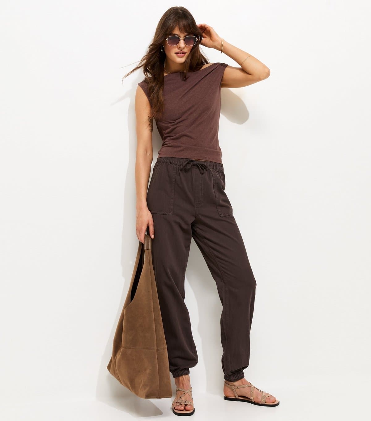 New Look Women's Tall Dark Brown Cotton Cuffed Twill Cargo Trousers New Look