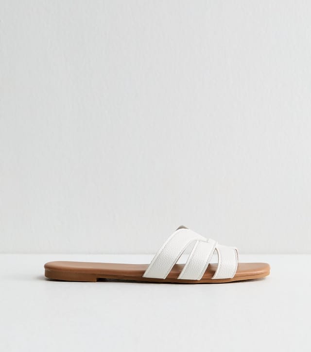 New Look Women's White Faux Leather Interwoven Strap Flat Mule Sandals Vegan New Look - 3