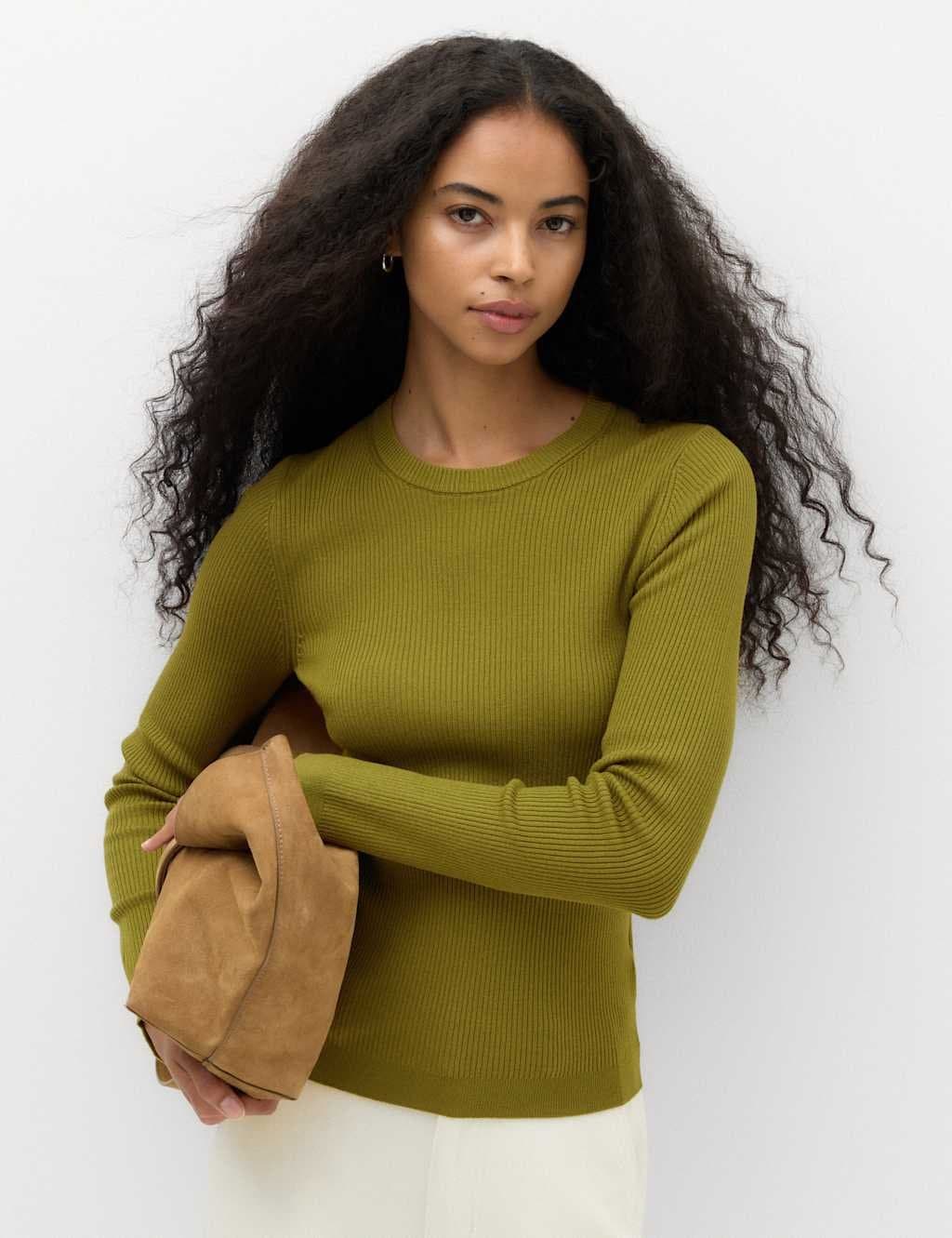 Marks & Spencer M&S Ribbed Crew Neck Fitted Jumper Moss