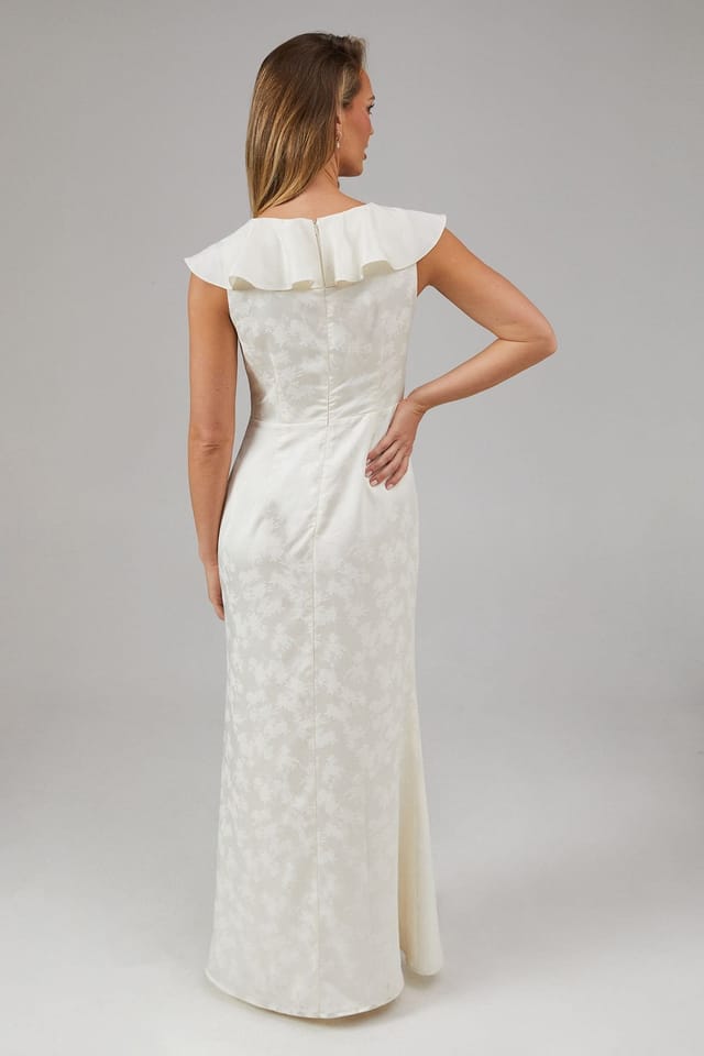 Oasis Oasis Women's Satin Jacquard Ruffle V Neck Bridesmaid Dress in Champagne - 3