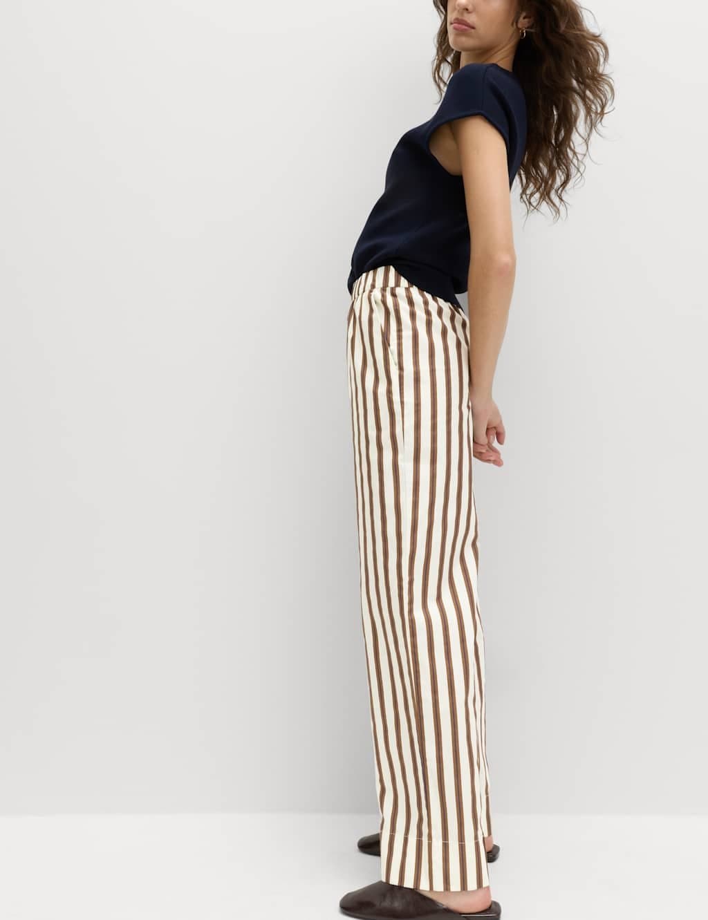 Marks & Spencer M&S Pure Cotton Poplin Pull On Straight Leg Trousers Cream Mix