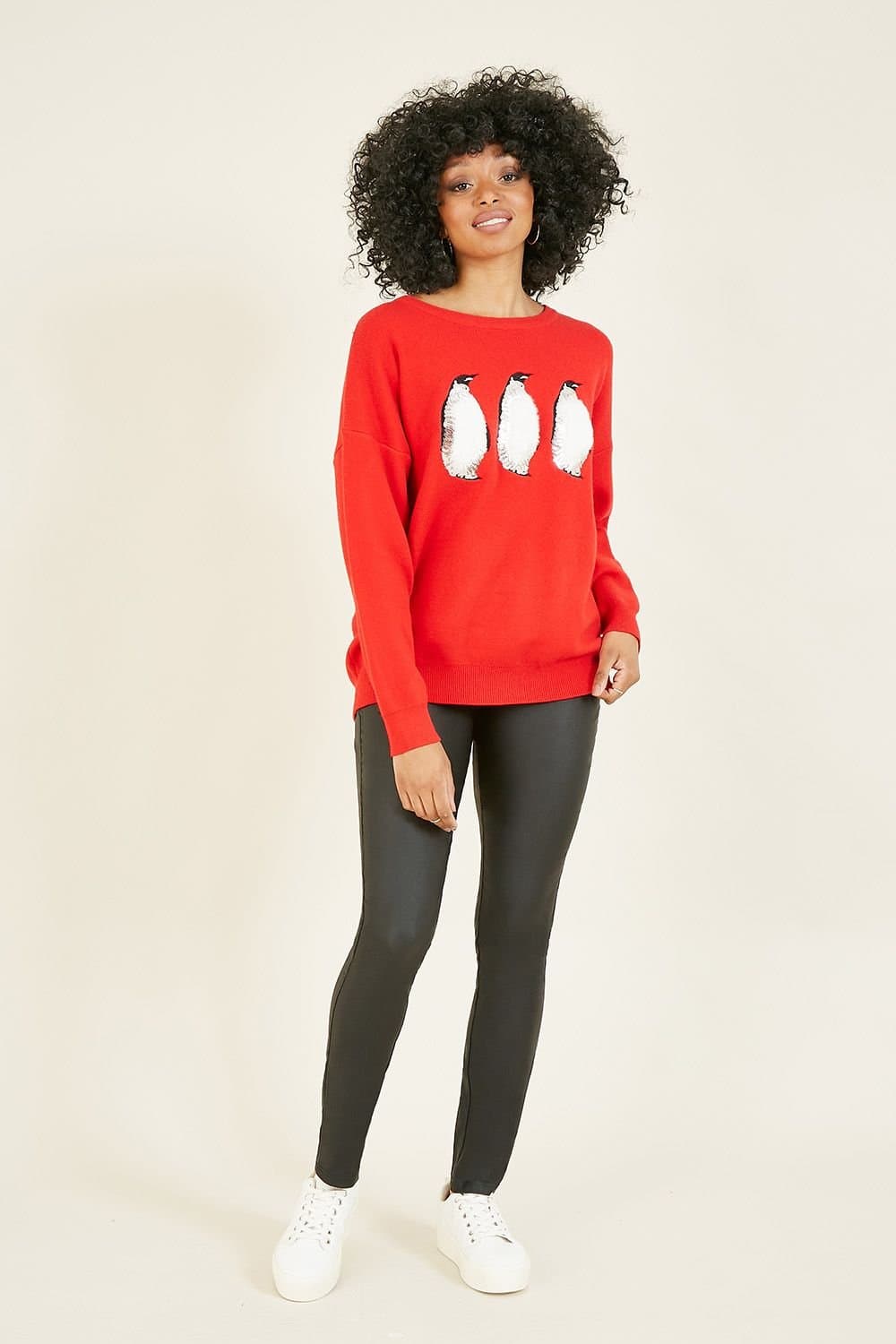 Yumi Yumi Women's Red Festive Penguin Knitted Xmas Jumper