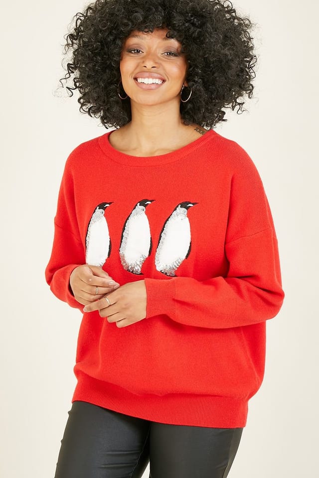 Yumi Yumi Women's Red Festive Penguin Knitted Xmas Jumper - 2