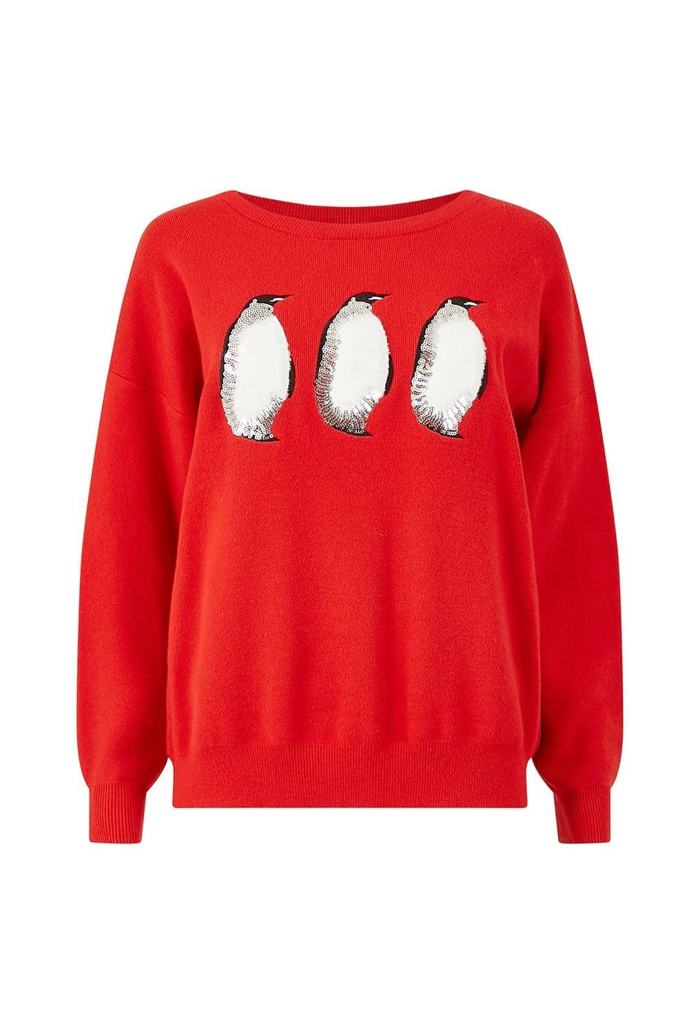 Yumi Yumi Women's Red Festive Penguin Knitted Xmas Jumper - 4