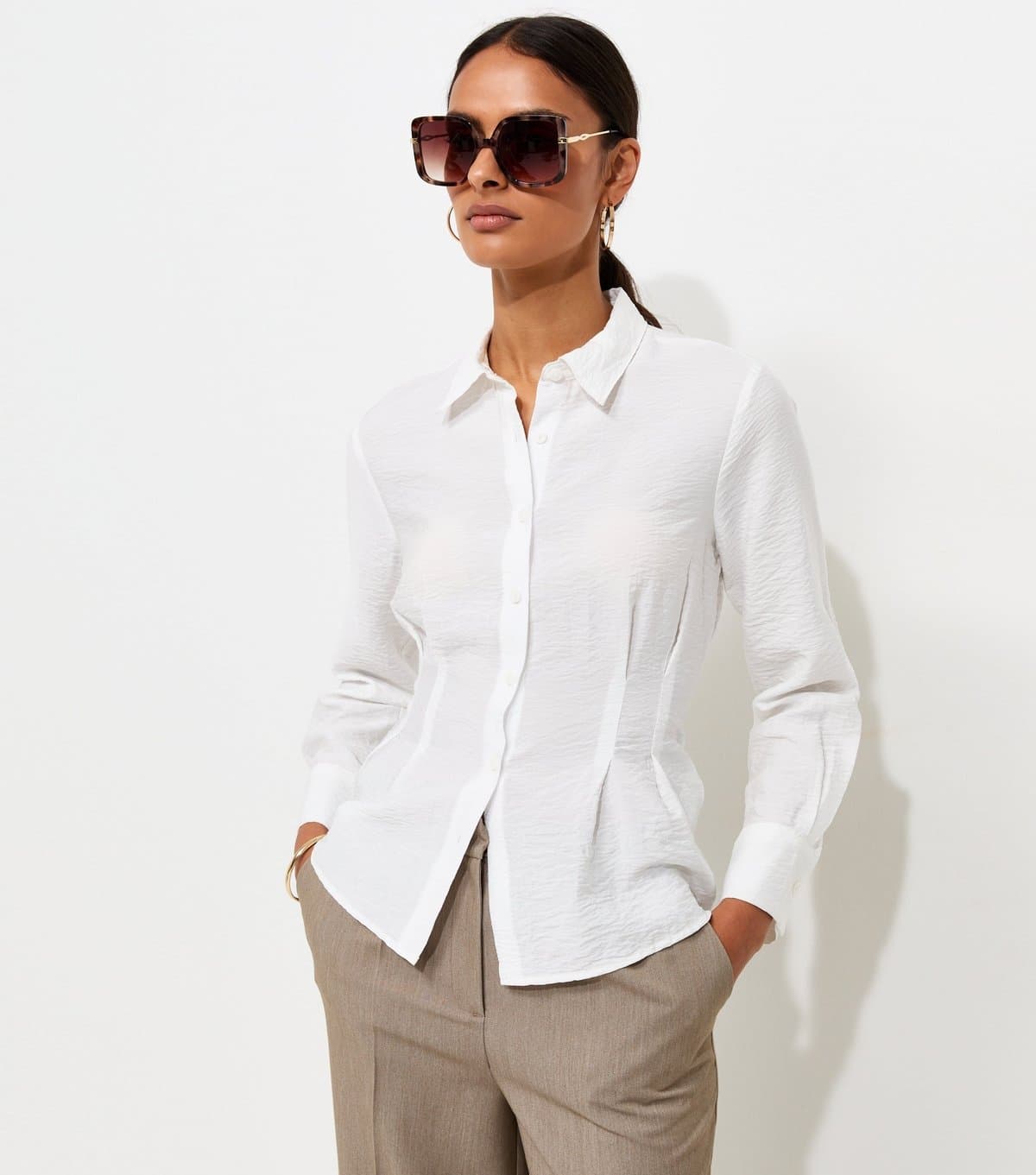 New Look Women's White Crinkle Texture Gathered Waist Shirt New Look