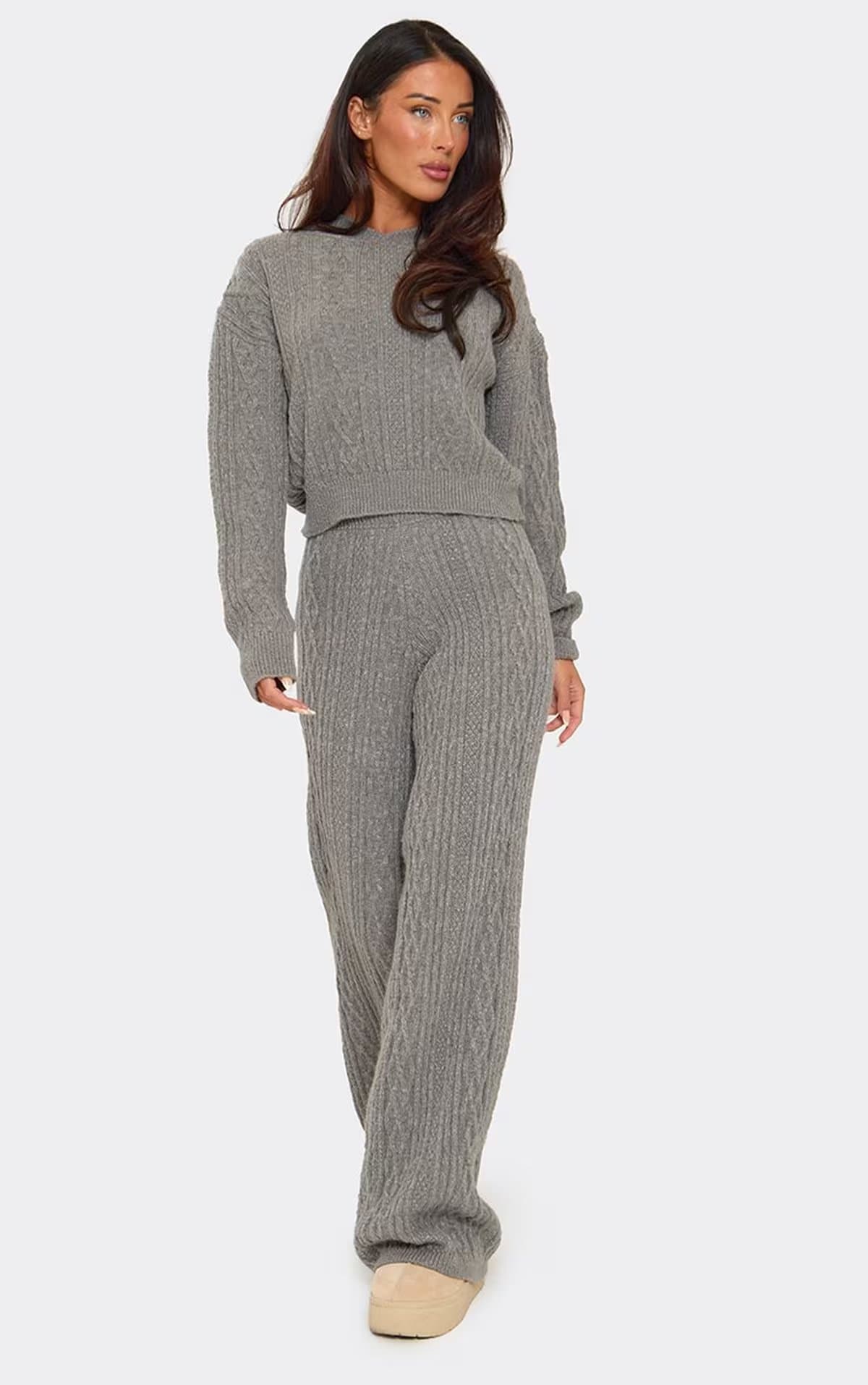 EGO Long Sleeve Hooded Jumper In Grey Cable Knit, Women's Size UK S
