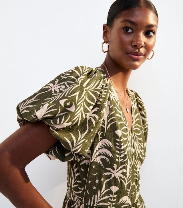 New Look Women's Khaki Palm Print Puff Sleeve Wrap Midi Dress New Look - 2