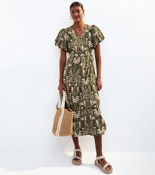 New Look Women's Khaki Palm Print Puff Sleeve Wrap Midi Dress New Look - 3