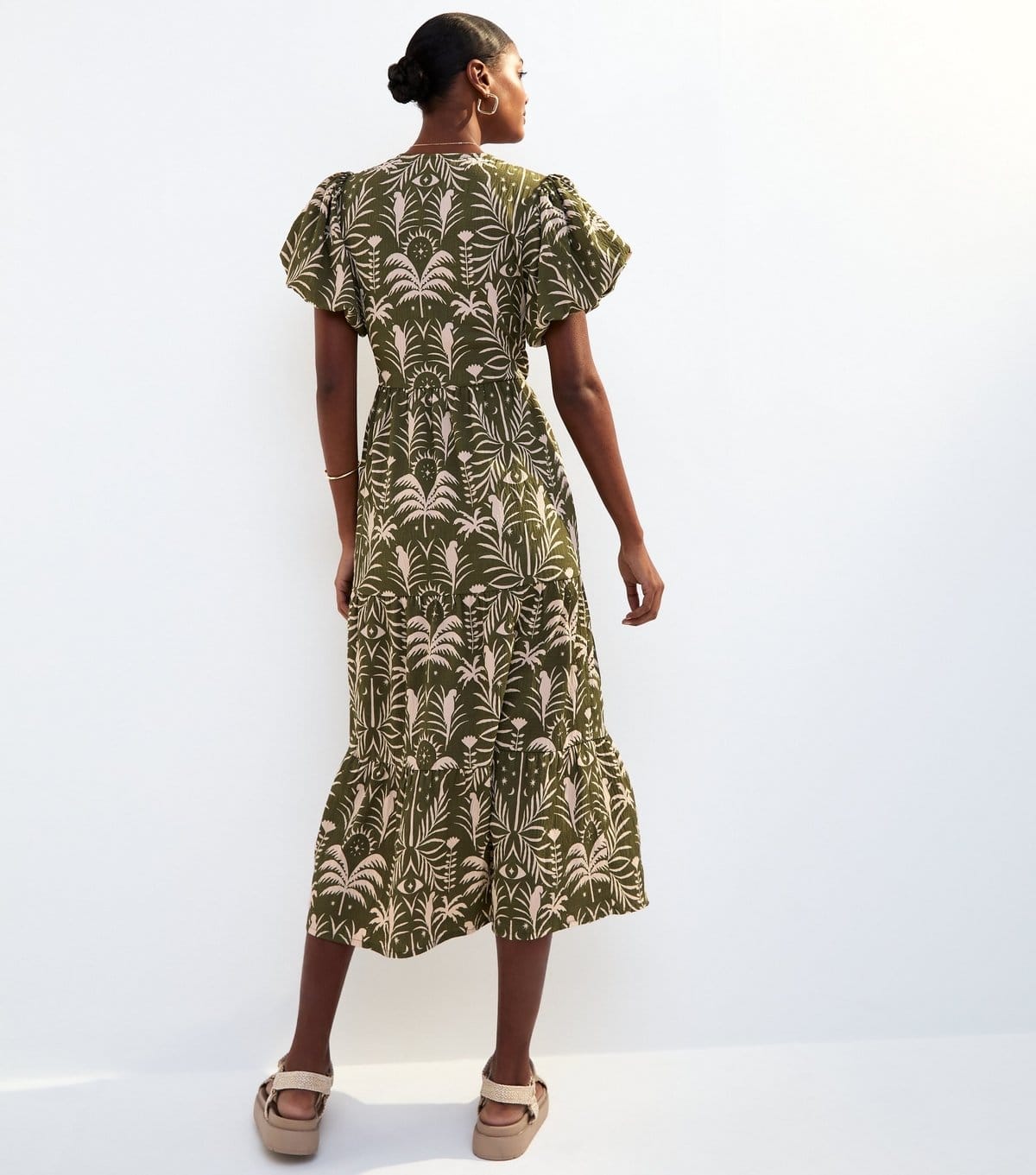New Look Women's Khaki Palm Print Puff Sleeve Wrap Midi Dress New Look - 4