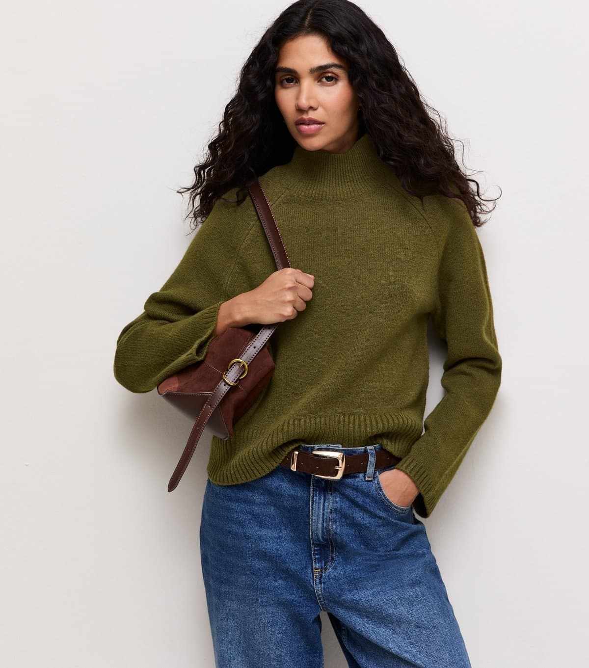 New Look Women's Dark Khaki Stand Neck Knitted Jumper New Look
