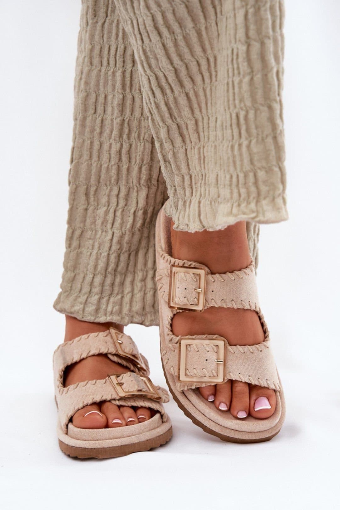 Love Lace Love Lace Women's Suede Buckle Sandals With Decorative Stitching & Comfort Fit in Beige
