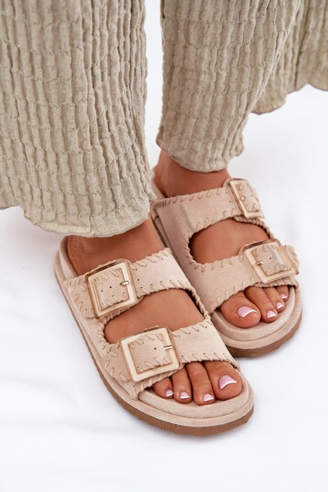 Love Lace Love Lace Women's Suede Buckle Sandals With Decorative Stitching & Comfort Fit in Beige - 3