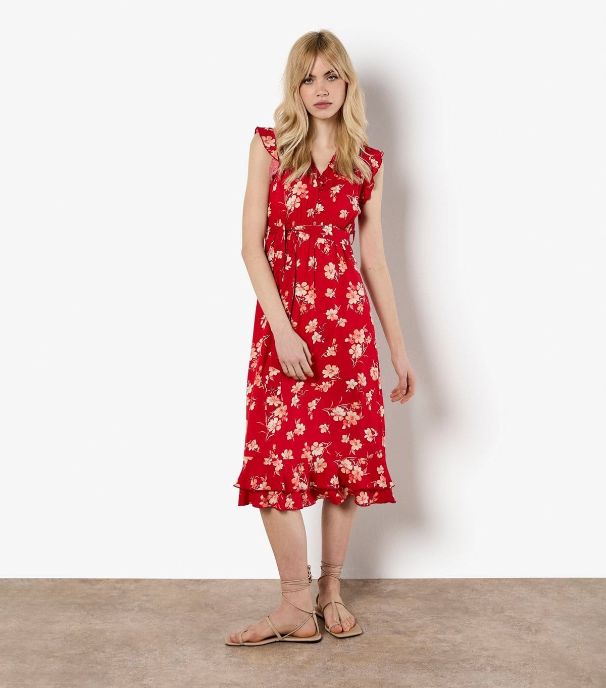 Women's Red Floral Ruffled Midi Dress Apricot New Look