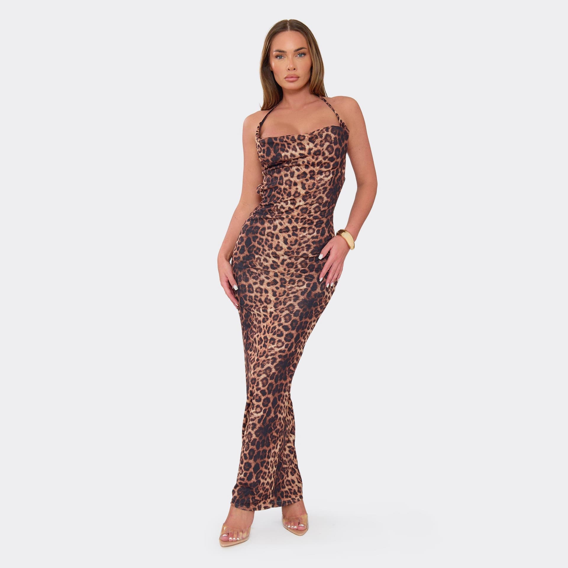 EGO Cowl Front Halterneck Maxi Dress In Brown Leopard Print, Women's Size UK 6