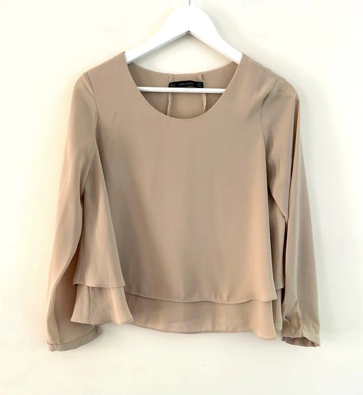 Zara 🌸 Zara Basic Beige Nude Layered Chiffon Blouse Long Sleeve Top UK 12