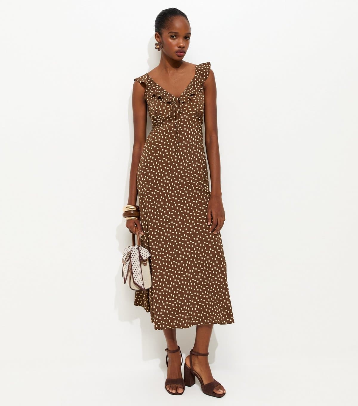 New Look Women's Brown Ruffle Strap Polka Dot Midi Dress New Look