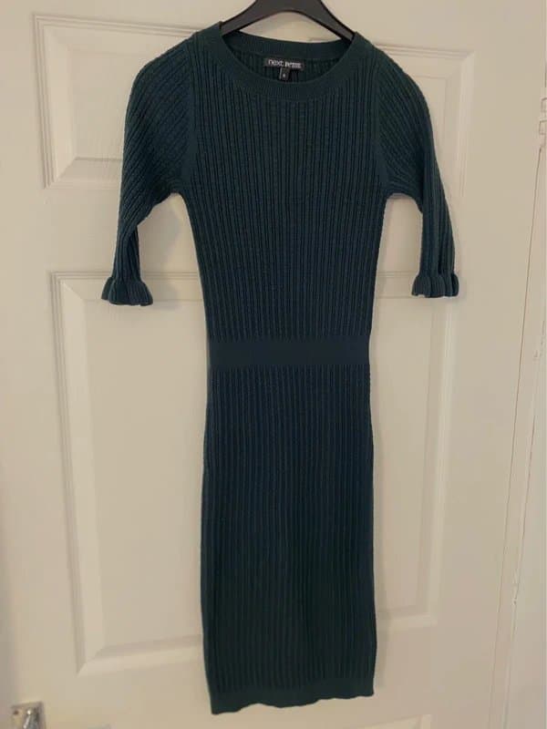 Next Next knit bodycon dark green midi size 6 work office dress frill short sleeves